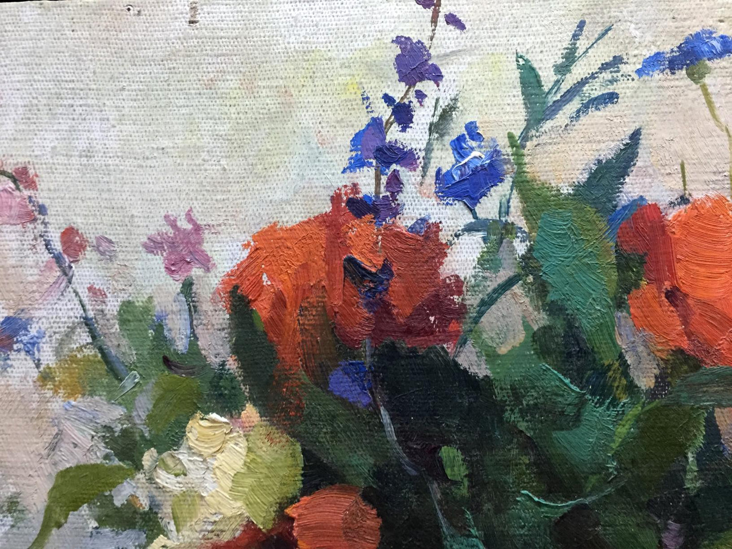 Oil painting Still life by Leonid Alexandrovich Tishkov with vibrant orange poppies and blue flowers in bold textured brushstrokes