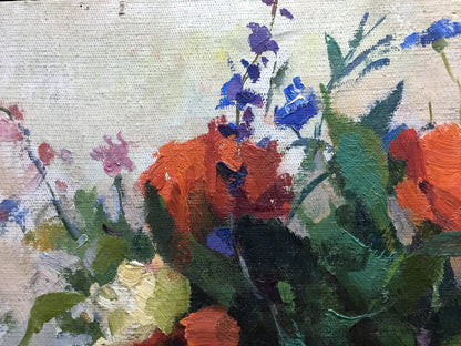 Oil painting Still life by Leonid Alexandrovich Tishkov with vibrant orange poppies and blue flowers in bold textured brushstrokes