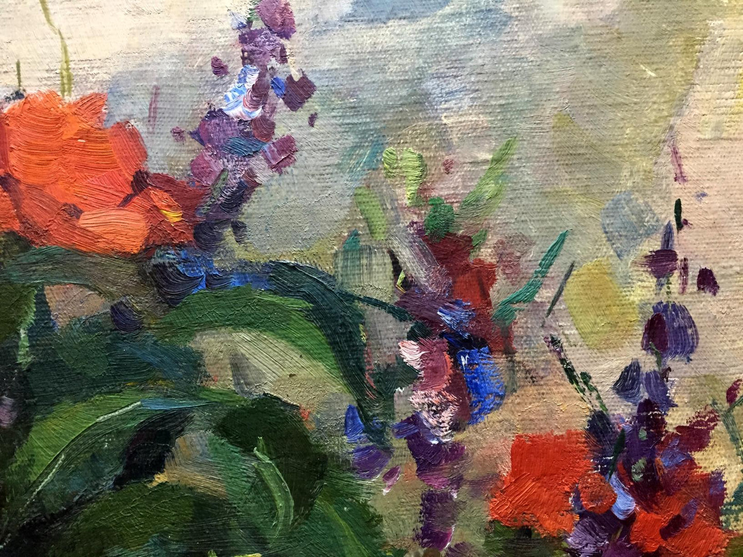 Oil painting Still life by Leonid Alexandrovich Tishkov: vibrant orange and purple flowers
