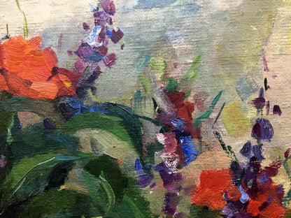 Oil painting Still life by Leonid Alexandrovich Tishkov: vibrant orange and purple flowers