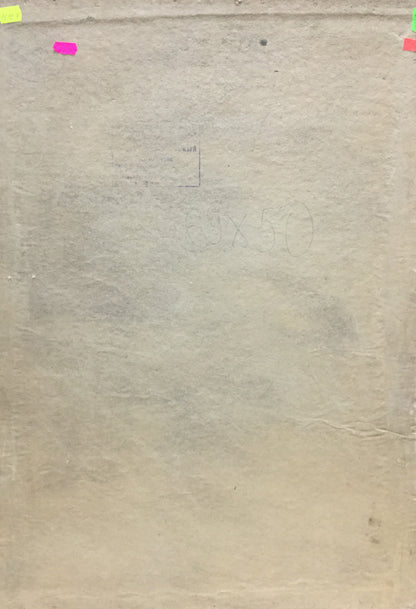 Back of Leonid Alexandrovich Tishkov oil painting with weathered beige paper, faint pencil markings, colorful sticky notes
