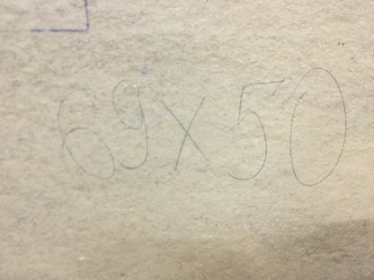 Back of Leonid Alexandrovich Tishkov oil painting with handwritten 69x50 measurement in pencil on textured paper