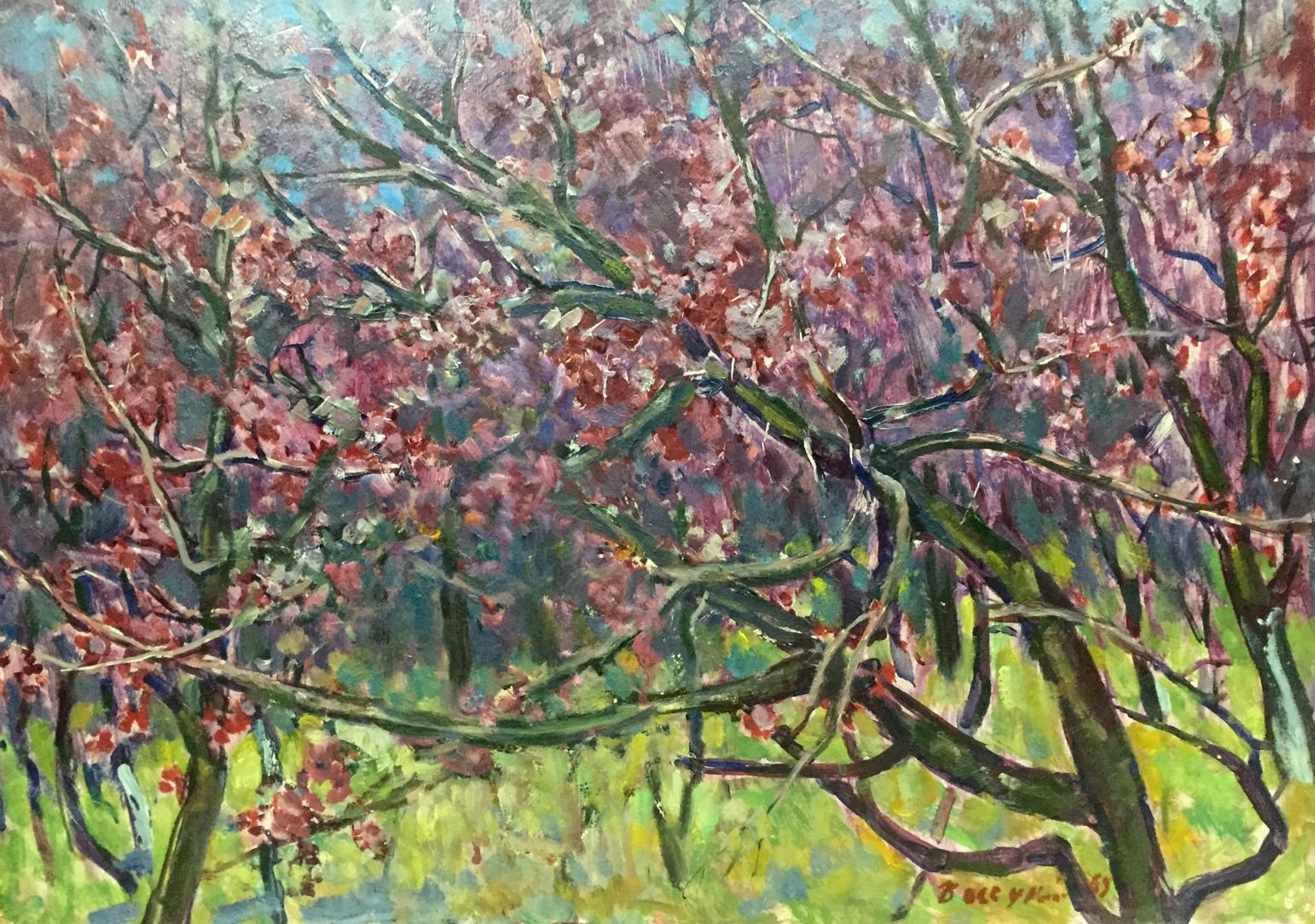 Vibrant impressionist oil painting of blossoming trees by Vasetsky Grigory Stepanovich