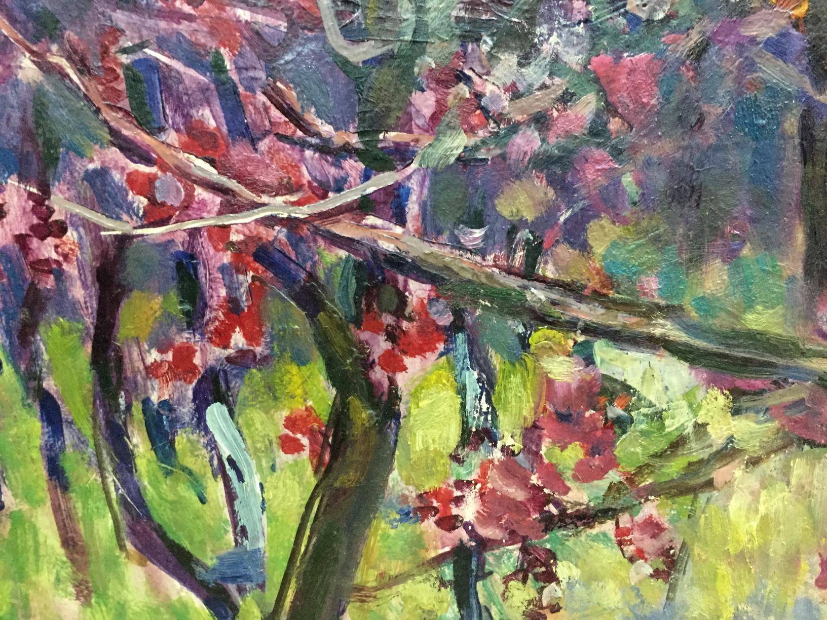 Vibrant impressionist oil painting of pink flower tree by Vasetsky Grigory Stepanovich