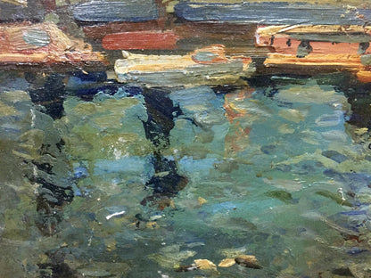 Textured oil painting of reflective river port by Karelin Vyacheslav
