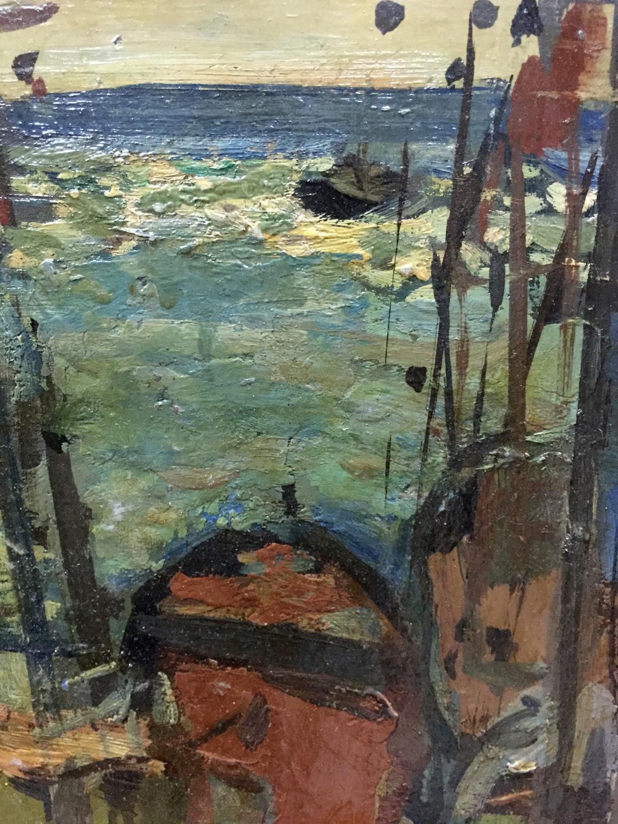 Oil painting River port by Karelin Vyacheslav with textured blues and boat silhouette