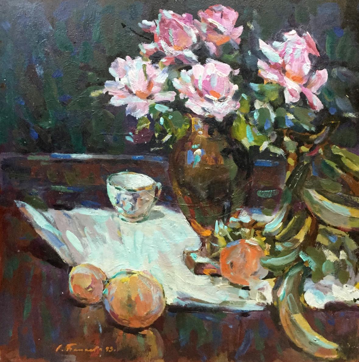 Oil painting of soft pink roses in amber vase by Bakaev Sergey Ivanovich