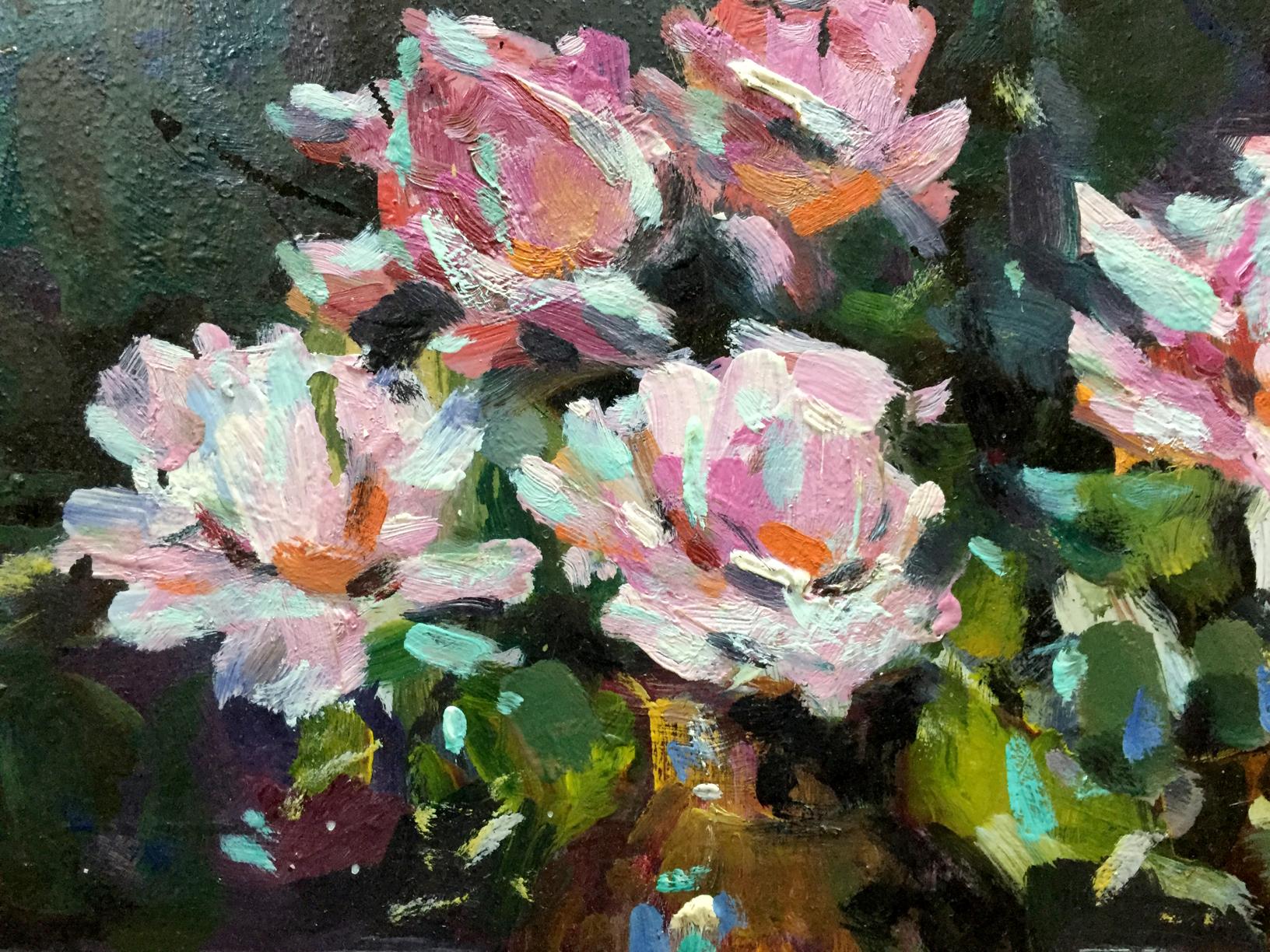 Vibrant impressionist oil painting of pink roses by Bakaev Sergey Ivanovich