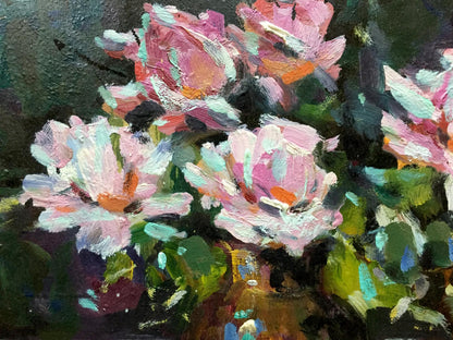 Vibrant impressionist oil painting of pink roses by Bakaev Sergey Ivanovich