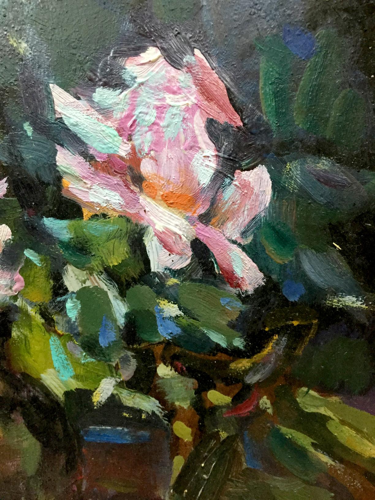 Vibrant pink peony oil painting by Bakaev Sergey Ivanovich with green foliage