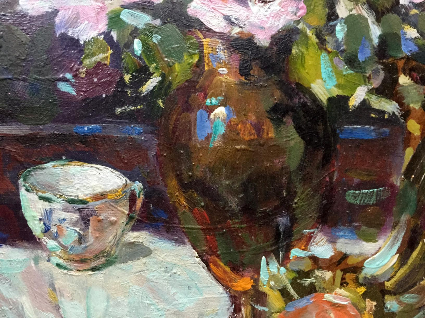 Dark brown glossy ceramic vase with blue teal accents by Bakaev Sergey Ivanovich