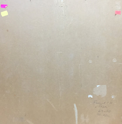 Back of Oil painting Roses by Bakaev Sergey Ivanovich with beige canvas, adhesive residue and handwritten inscription