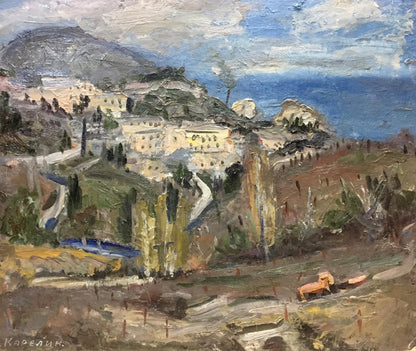 Oil painting of coastal village by Karelin Vyacheslav Dmitrievich
