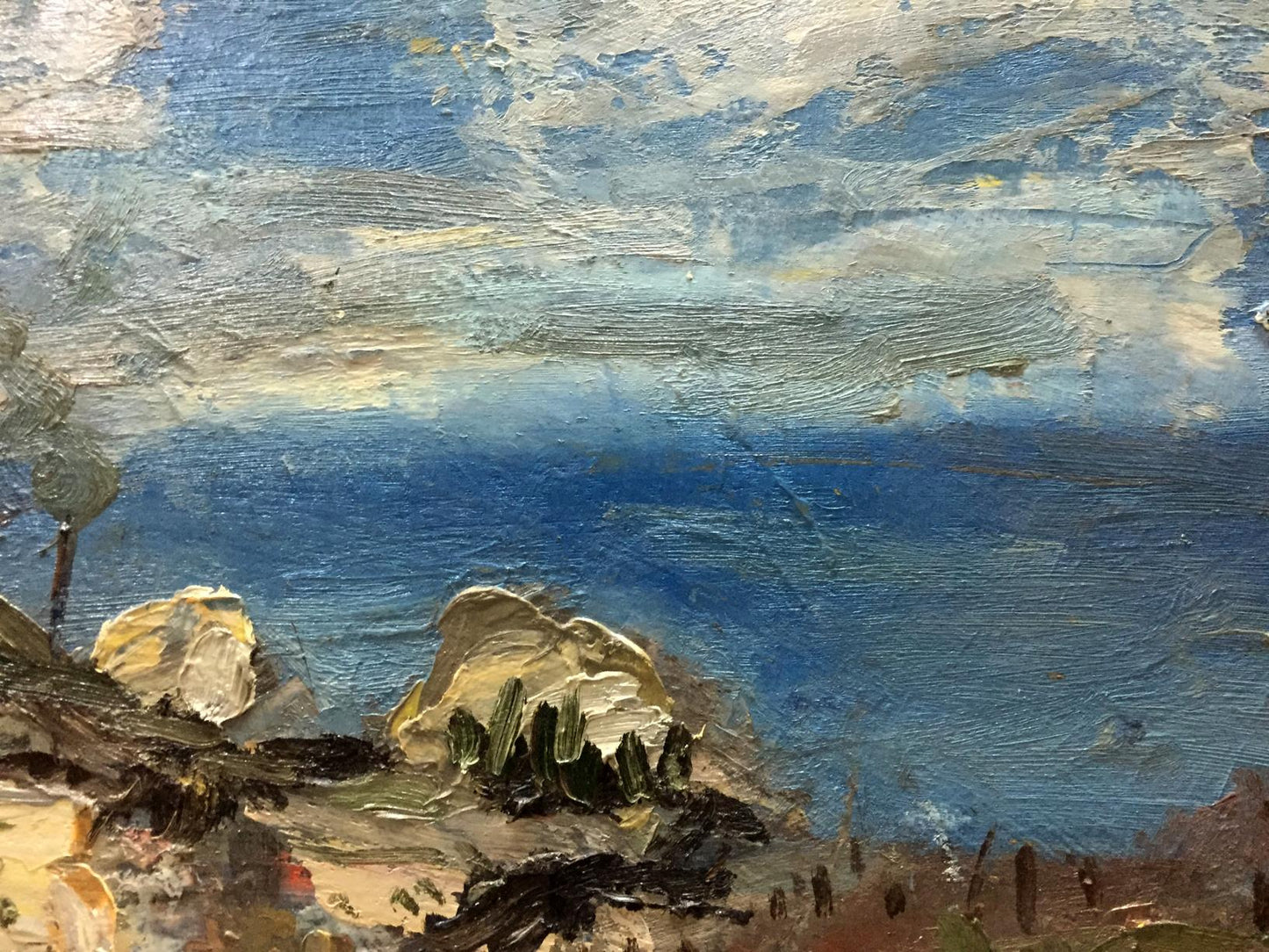 Textured oil painting by Karelin Vyacheslav Dmitrievich of coastal city landscape