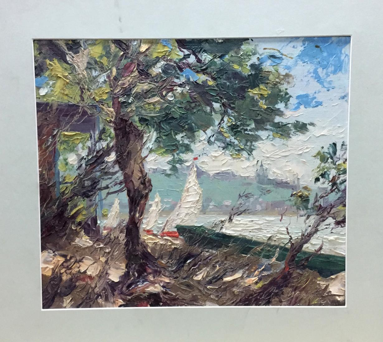 Oil painting Kiev by Priymak B.N.: coastal scene with trees, sailboats, blue sky
