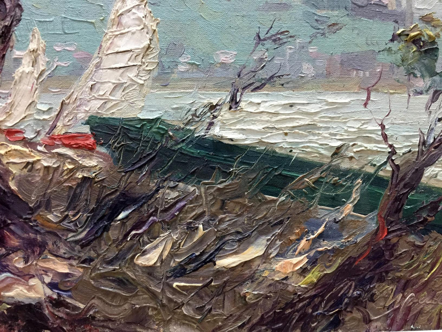 Oil painting Kiev Wind by Priymak B.N. green boat on turbulent water