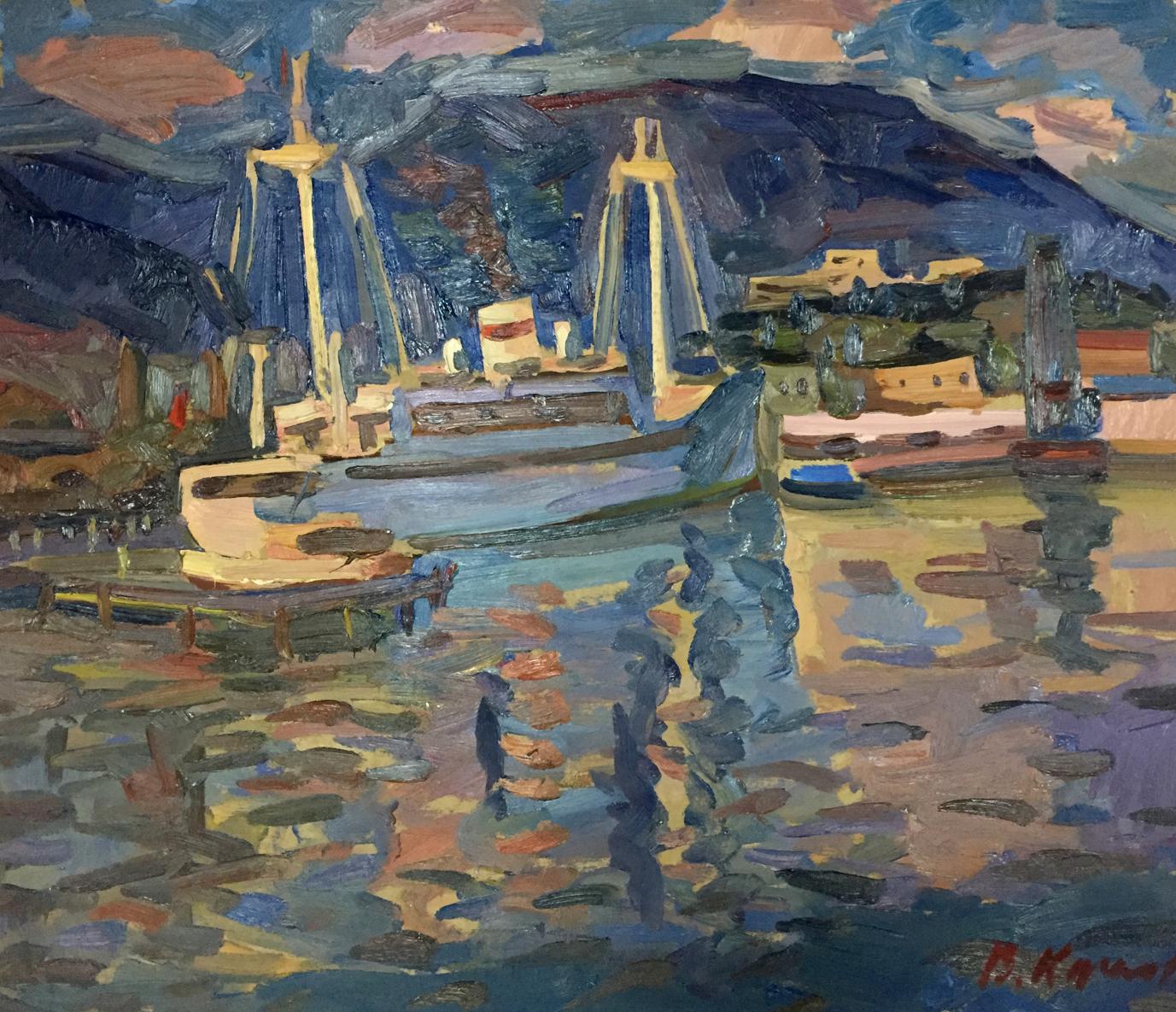 Vibrant impressionist oil painting of port harbor by Karelin Vyacheslav Dmitrievich