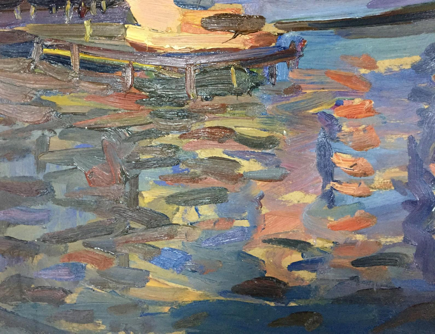 Vibrant impasto oil painting of port dock with boats by Karelin Vyacheslav Dmitrievich