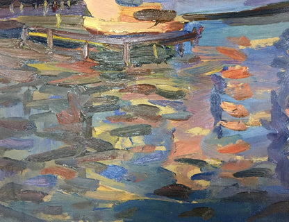 Vibrant impasto oil painting of port dock with boats by Karelin Vyacheslav Dmitrievich