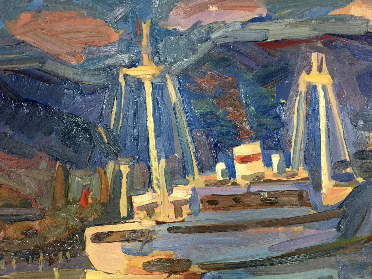 Oil painting In the port by Karelin Vyacheslav Dmitrievich, abstract blues and ochre