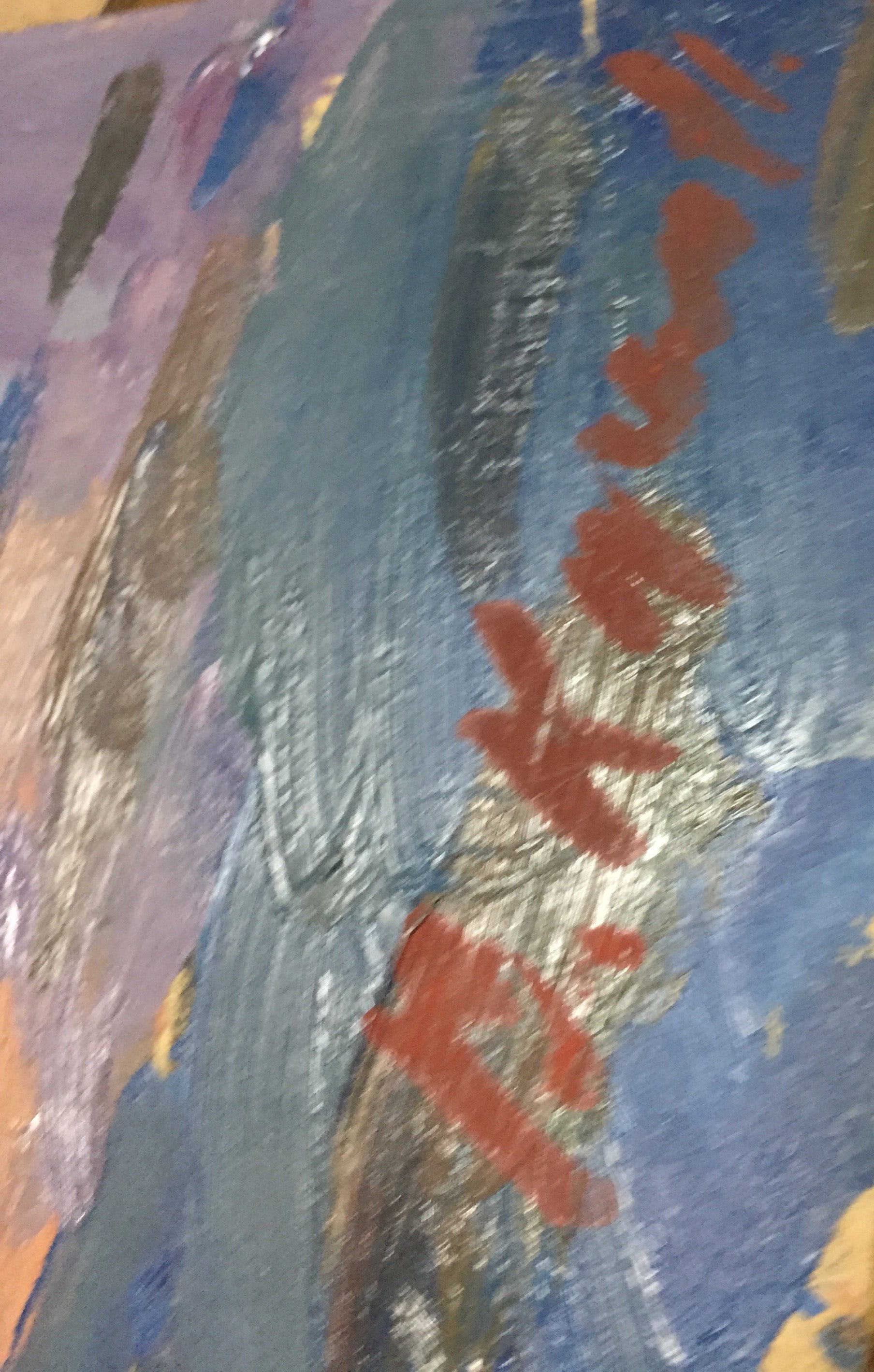 Oil painting In the port by Karelin Vyacheslav Dmitrievich with textured blue purple brushstrokes and red p lettering