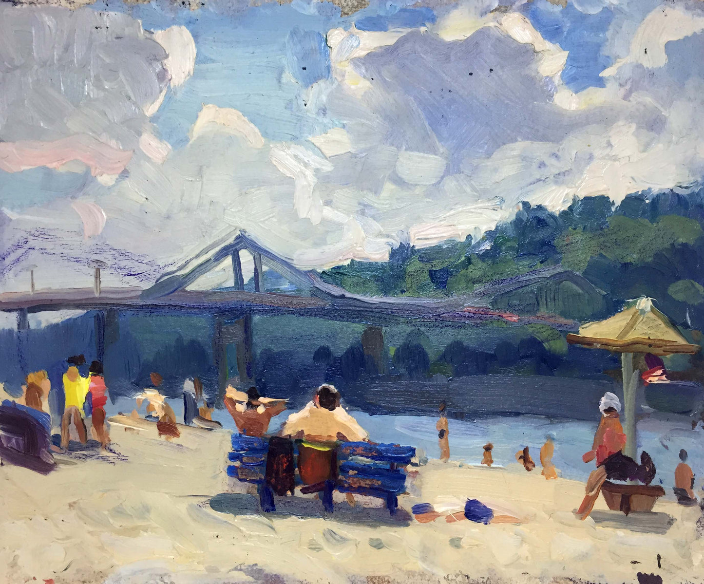 Oil painting by Popov I.A.: blue bench with people by river bank