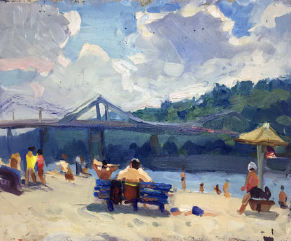 Oil painting by Popov I.A.: blue bench with people by river bank