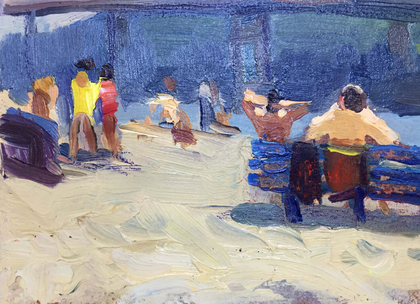 Vibrant impressionist beach scene oil painting by Popov I. A. By the river bank
