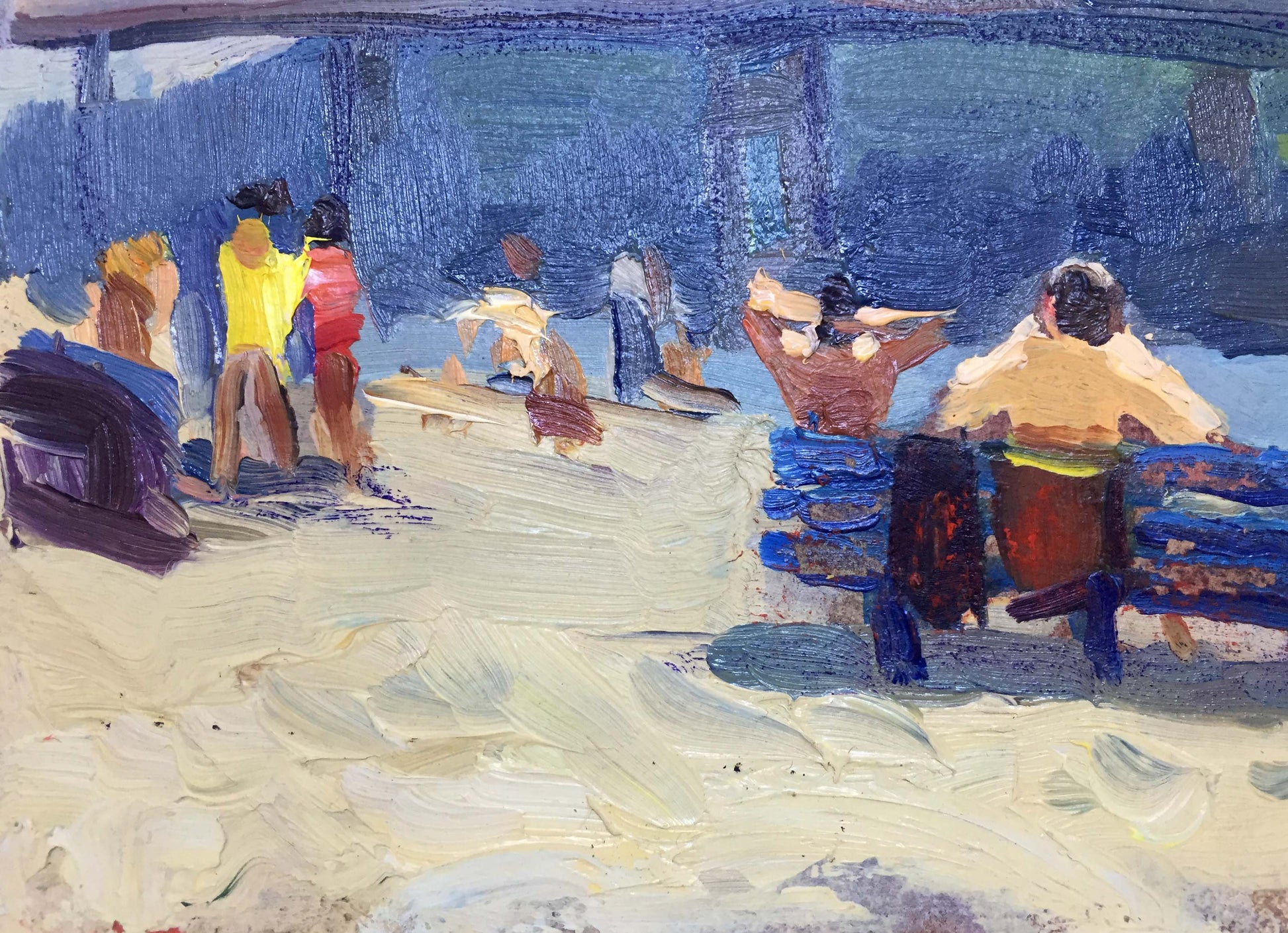Vibrant impressionist beach scene oil painting by Popov I. A. By the river bank