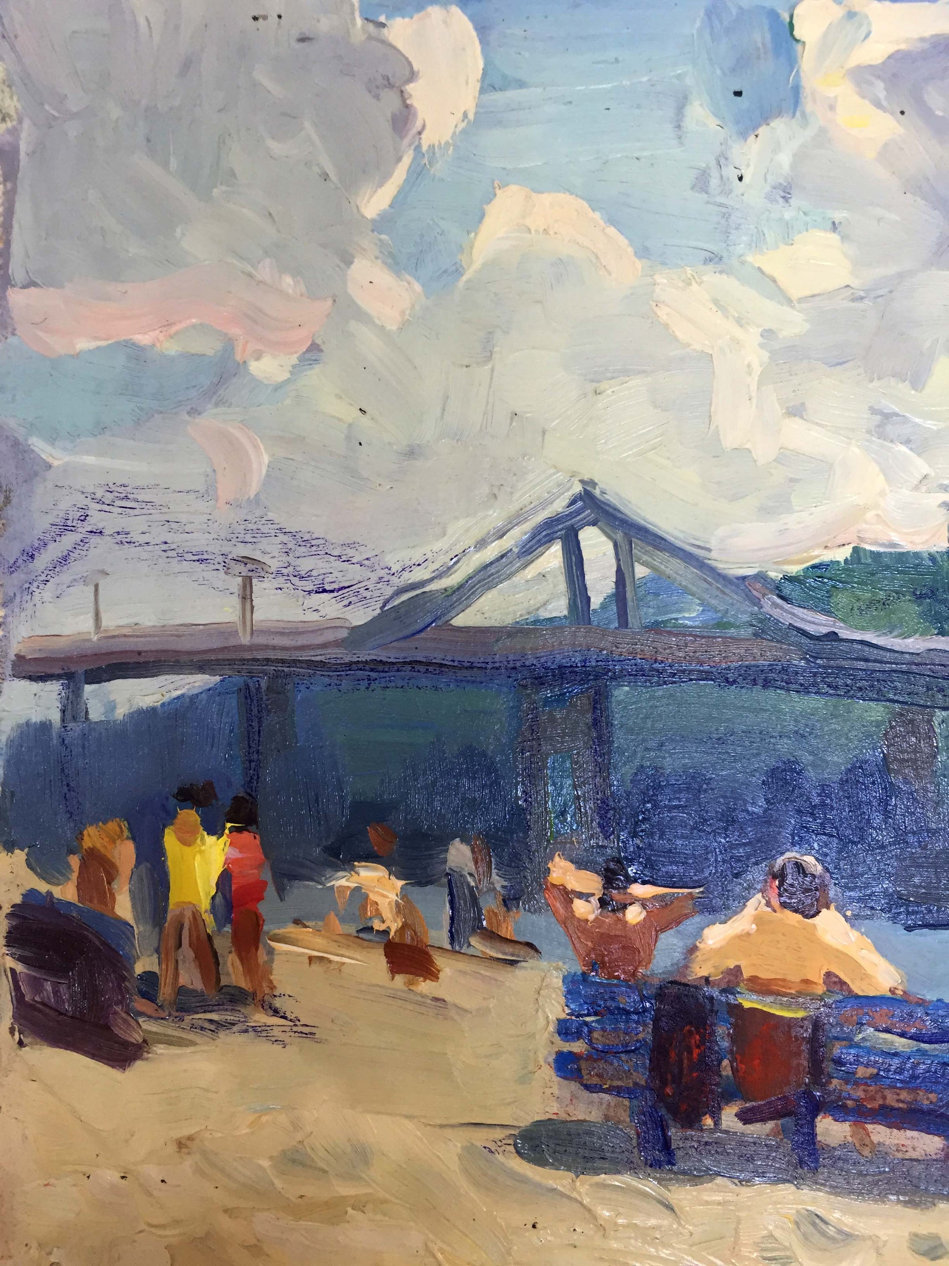 Vibrant beachside oil painting by the river bank by Popov I. A