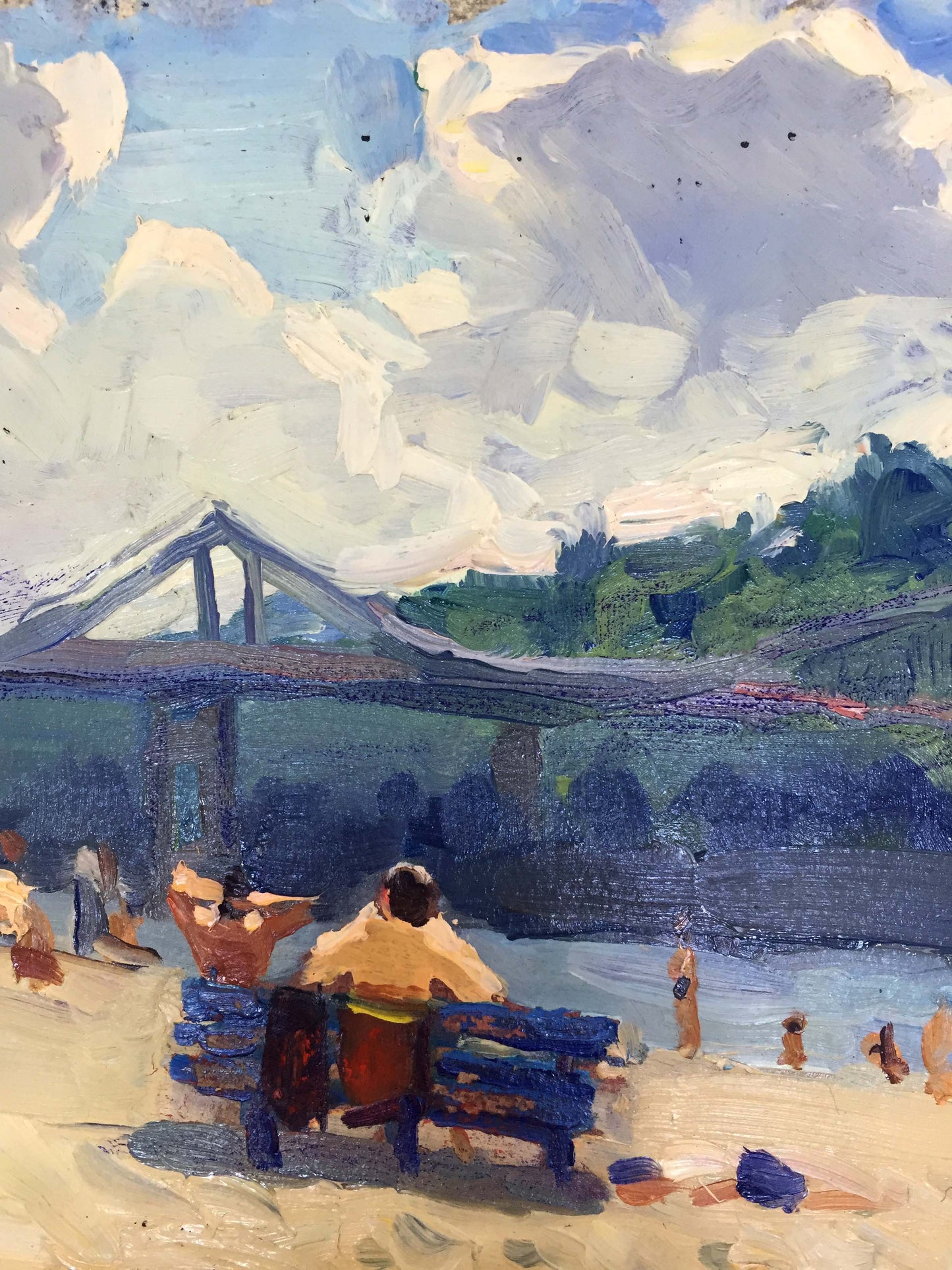 Oil painting by the river bank Popov I.A.: blue bench on beach under bridge