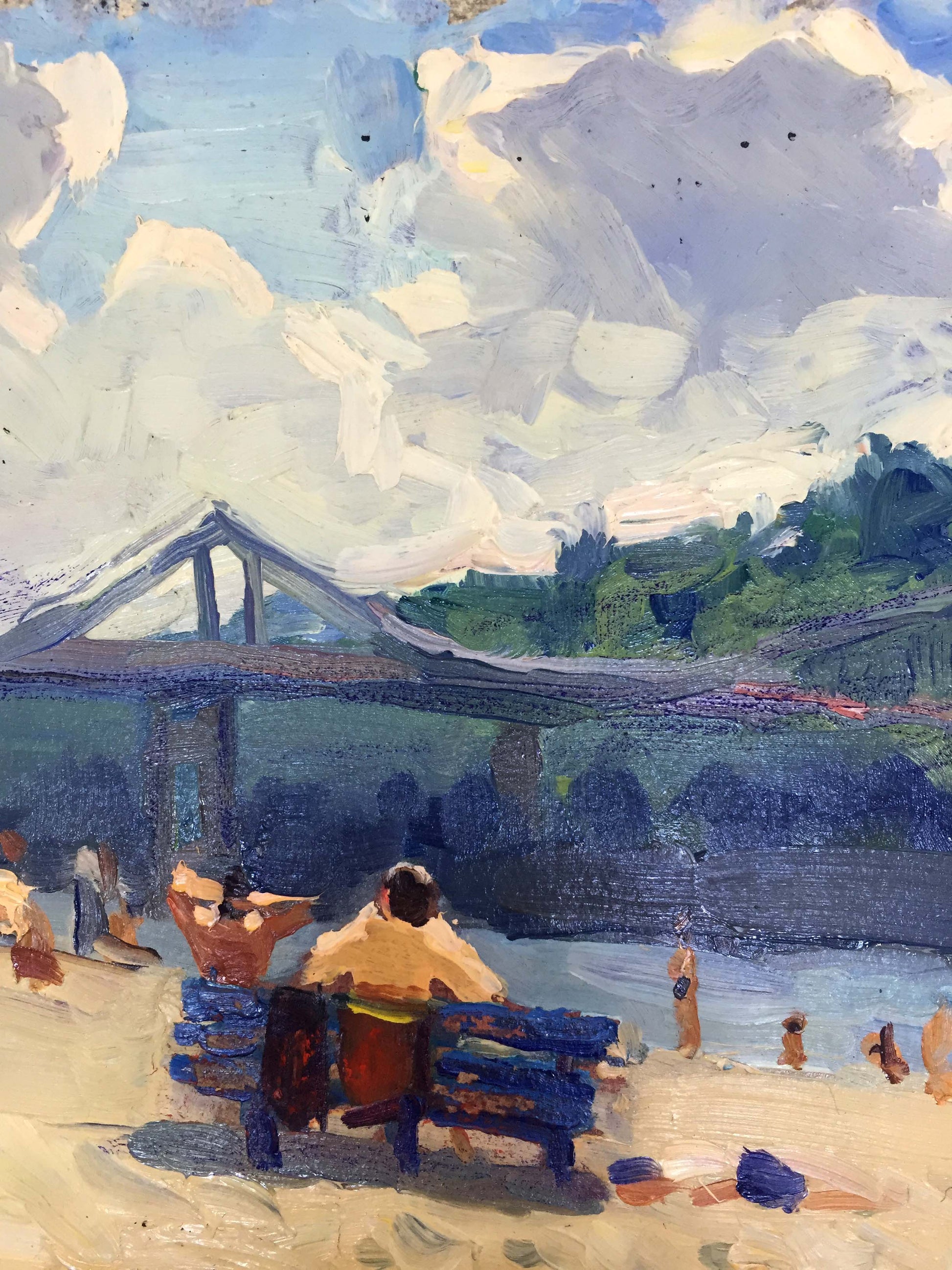 Oil painting by the river bank Popov I.A.: blue bench on beach under bridge
