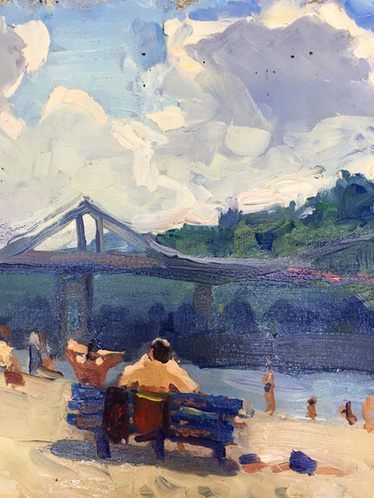 Oil painting by the river bank Popov I.A.: blue bench on beach under bridge
