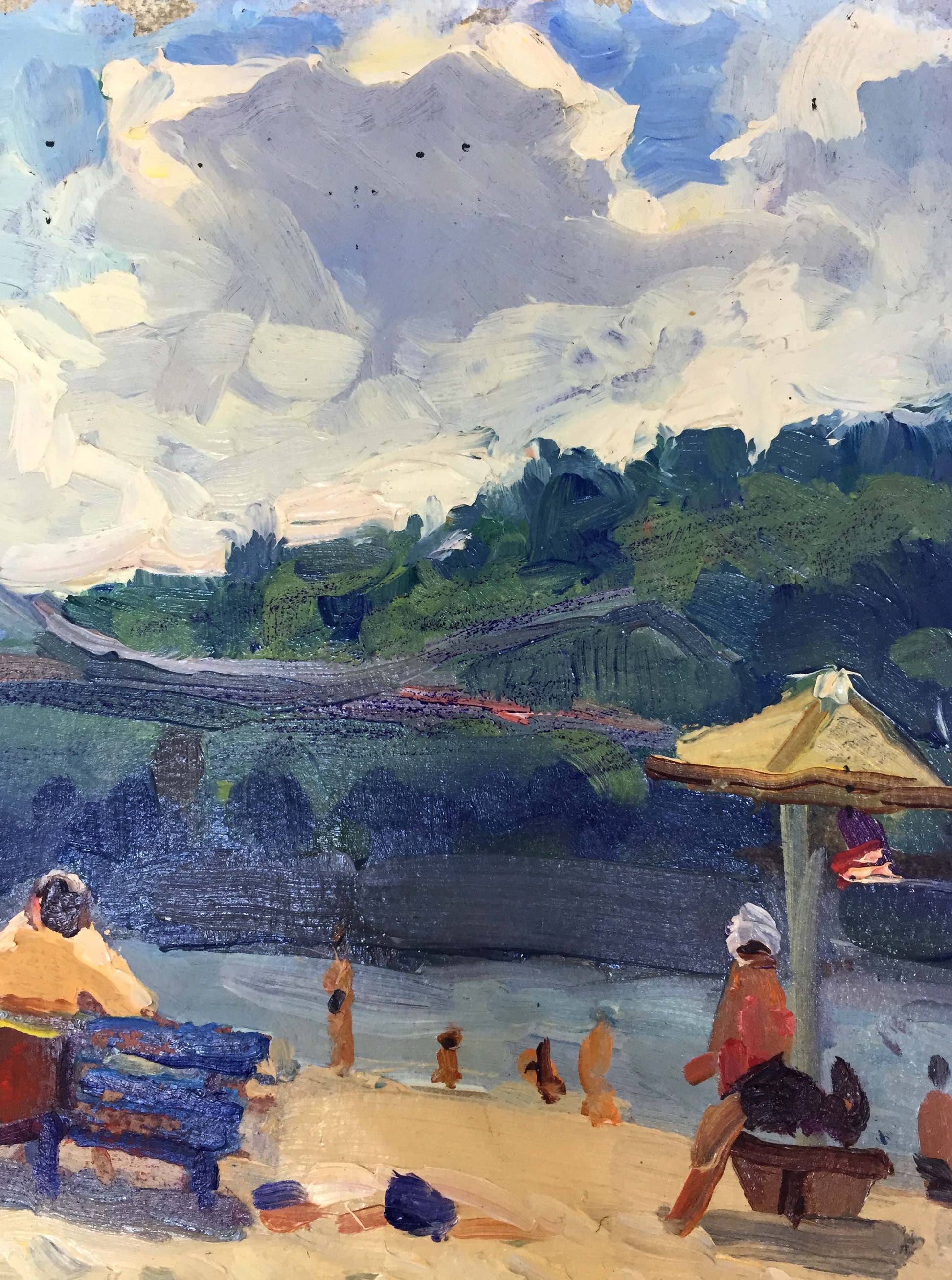 Vibrant oil painting by Popov I.A. - beach scene with bench under yellow umbrella