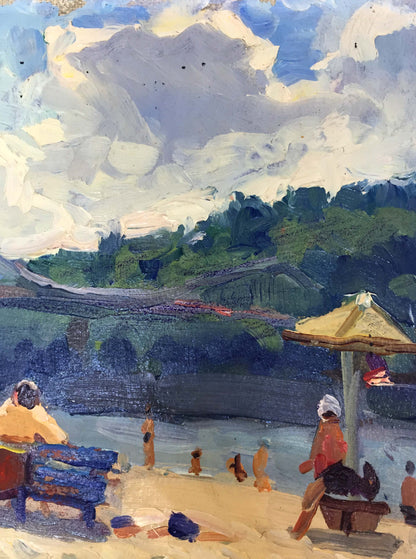 Vibrant oil painting by Popov I.A. - beach scene with bench under yellow umbrella