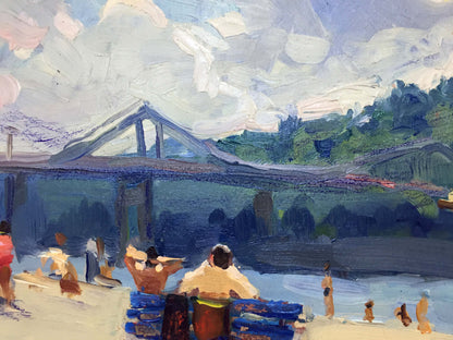 Vibrant impressionist oil painting by Popov I.A. of bridge over river bank beach