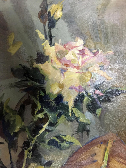 Impressionistic oil painting of soft pink yellow roses by Vol’shteyn Moisey L’vovich