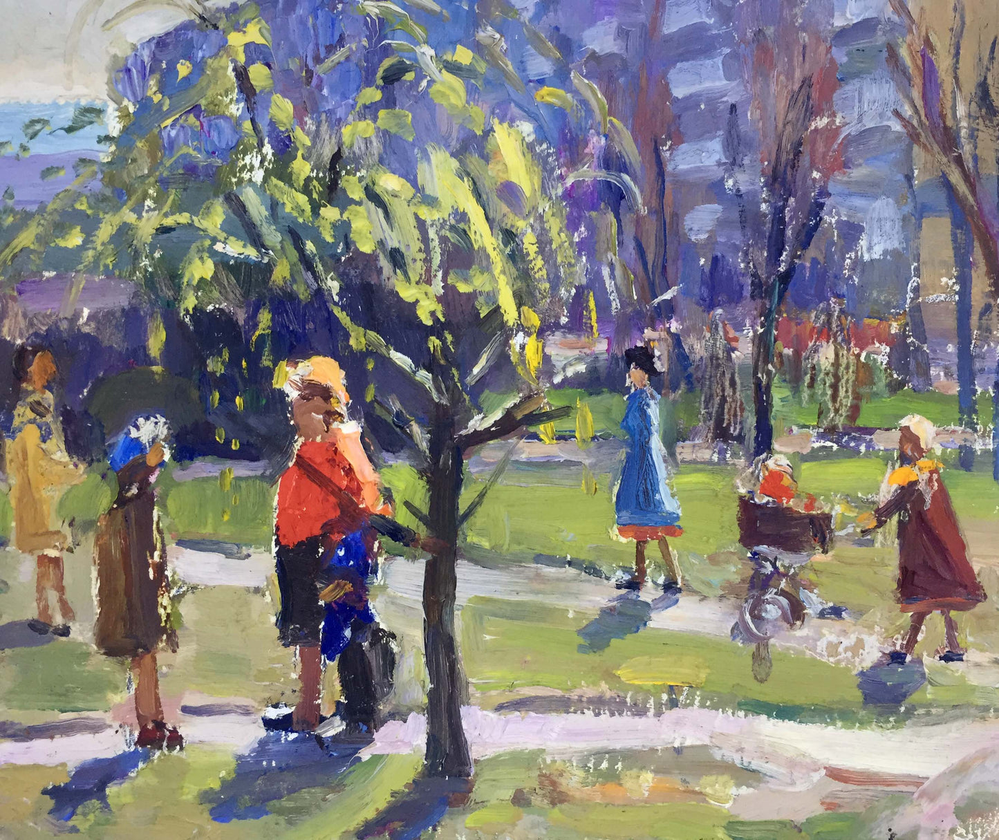 Vibrant impressionist oil painting People in the park I. Popov park scene