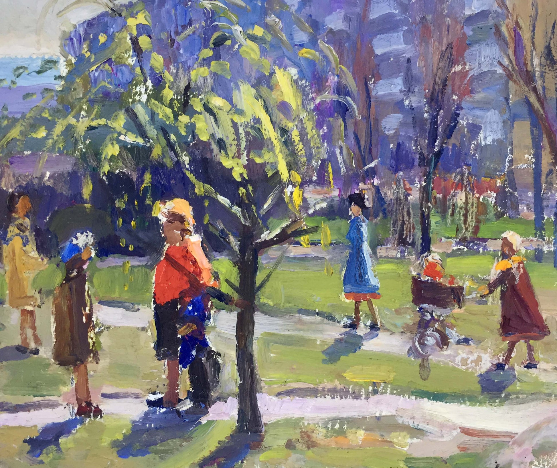 Vibrant impressionist oil painting People in the park I. Popov park scene