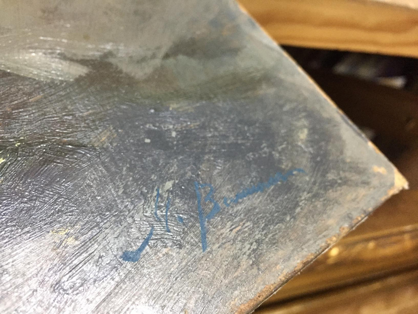 Back of Vol’shteyn Moisey L’vovich yellow roses oil painting with blue signature on silver-toned metal palette