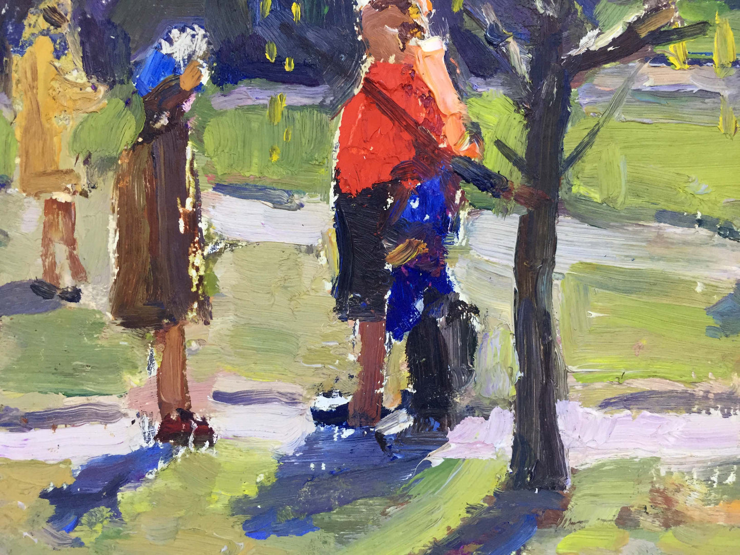Vibrant impressionist oil painting of three figures in park by I. Popov