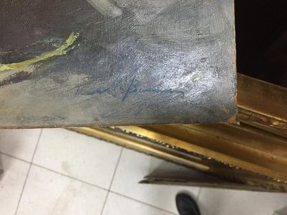 Weathered dark gray back of oil painting Yellow Roses by Vol’shteyn Moisey Lvovich