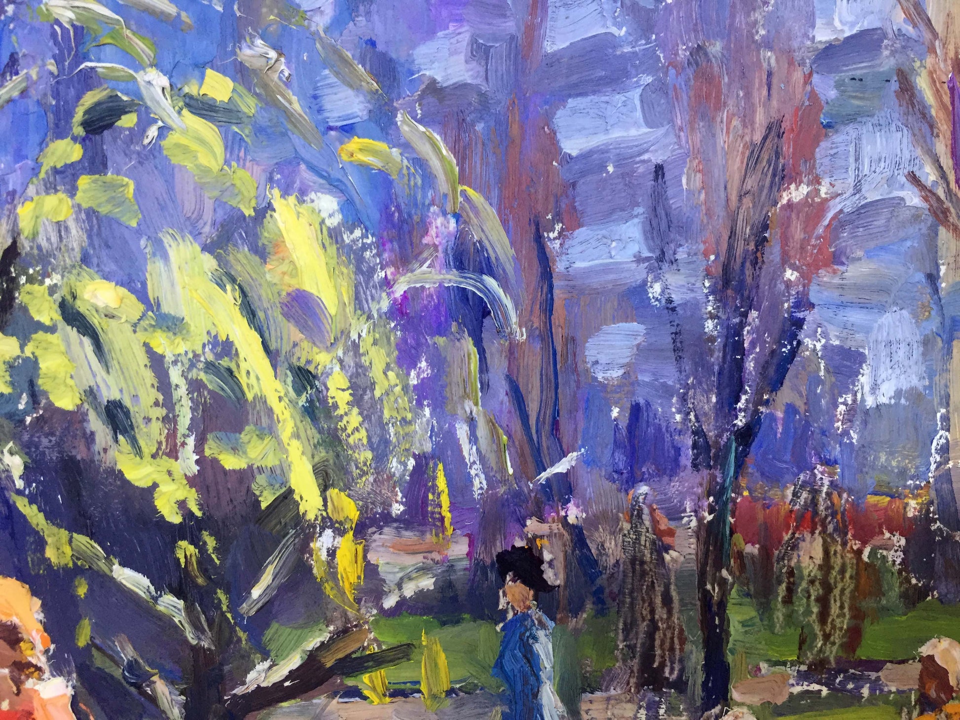 Vibrant impressionist oil painting by I. Popov: purple blue yellow foliage and tall trees in park