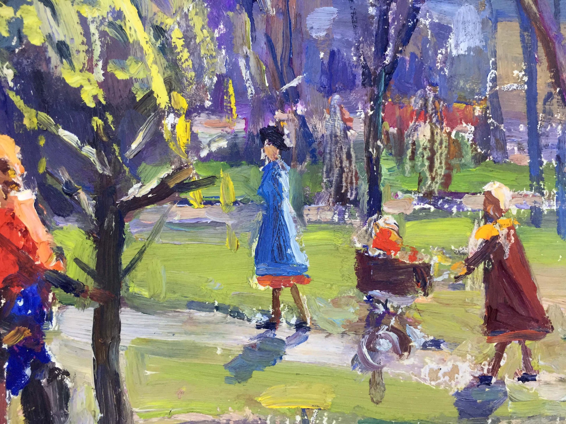 Vibrant impressionist oil painting by I. Popov: woman in blue coat in park