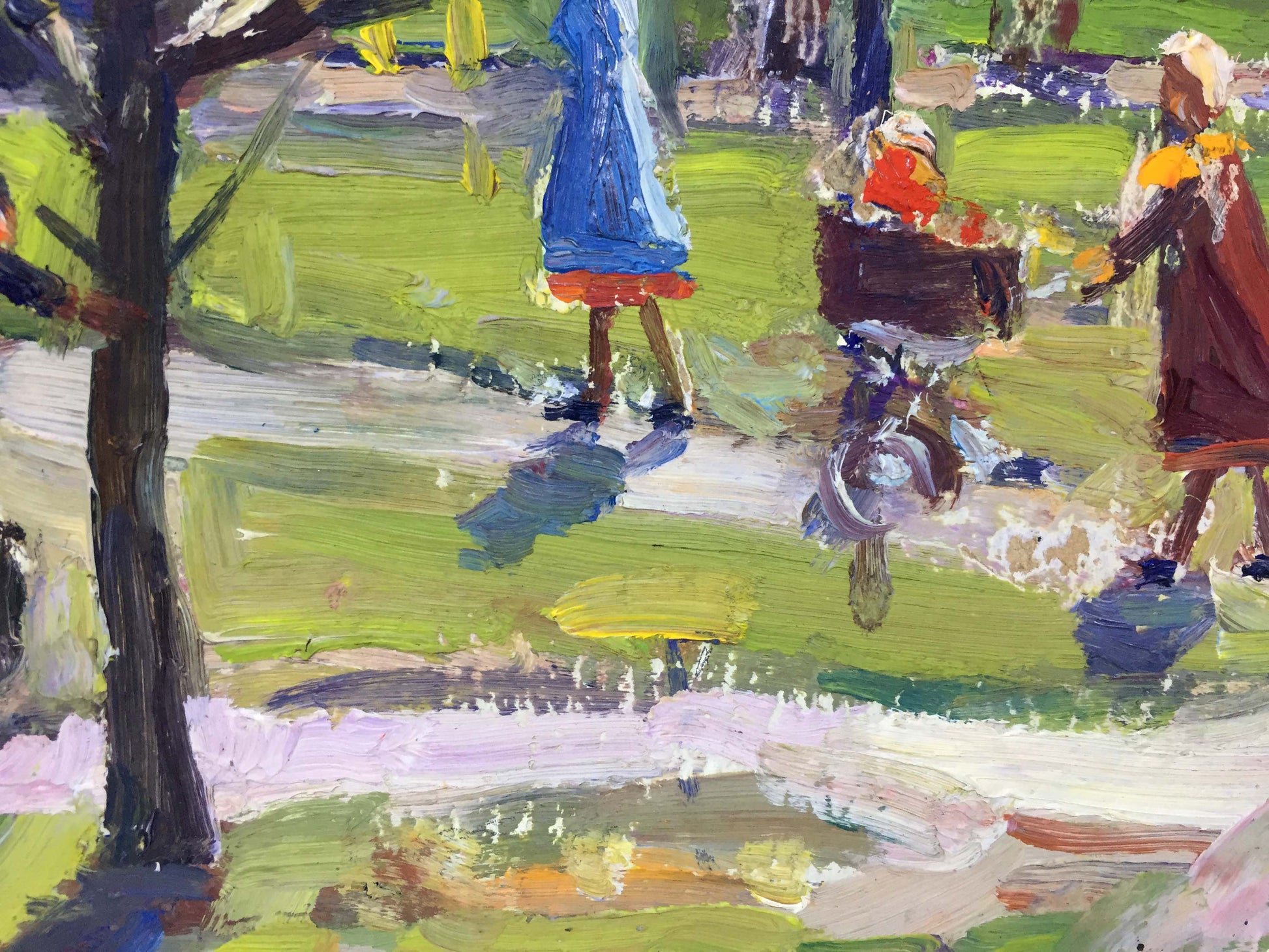 Vibrant impressionist oil painting People in the park I. Popov with stroller