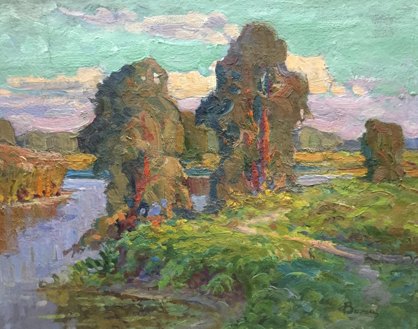 Impressionistic oil painting by Fomin Anatoly Nikiforovich of rugged rocks