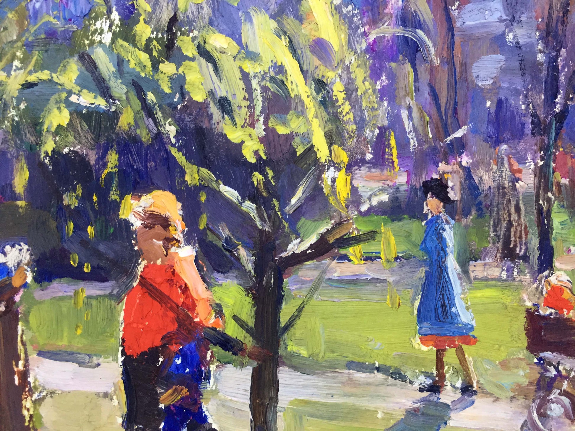 Vibrant impressionist oil painting by I. Popov: man in orange shirt under tree, woman in blue dress