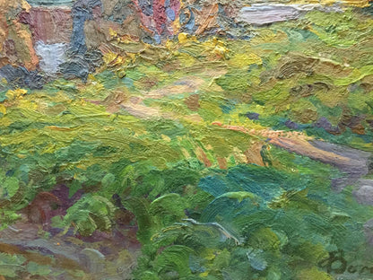 Oil painting Early morning by Fomin Anatoly Nikiforovich, vibrant green landscape