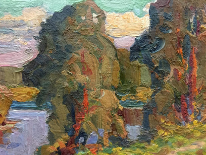 Oil painting Early morning by Fomin Anatoly Nikiforovich, impasto greens and reds