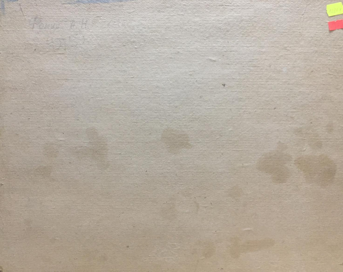 Back of Oil painting Early morning by Fomin Anatoly Nikiforovich on beige textured surface with yellow and red sticky notes